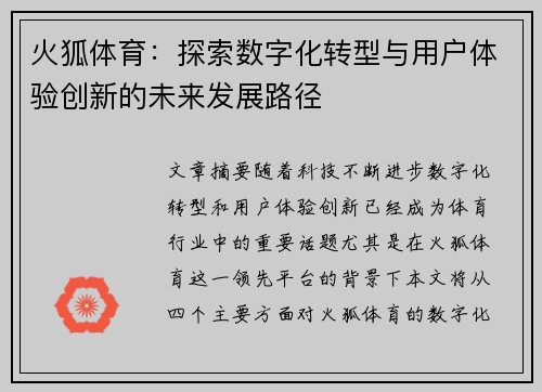 火狐体育：探索数字化转型与用户体验创新的未来发展路径